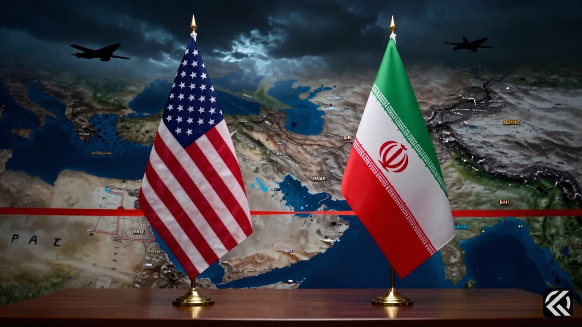 Flags of the US and Iran separated by red tape on a diplomatic table with stormy skies