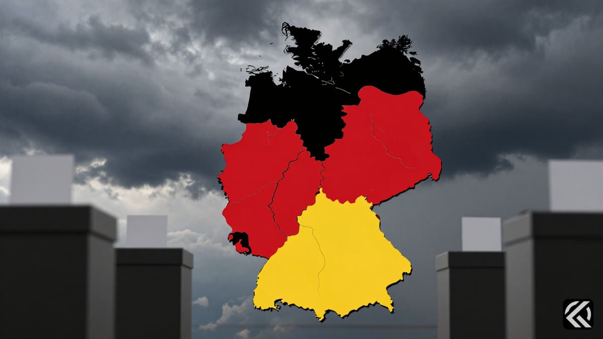 Symbolic map of Germany showing political division with ballot boxes under stormy skies.