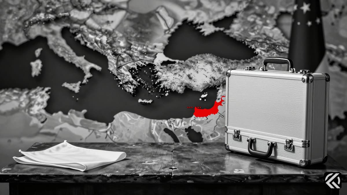 Symbolic map of Middle East with red highlighted strait and diplomatic items on desk
