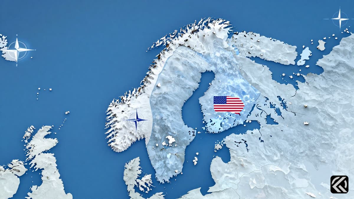 Arctic map highlighting Greenland with NATO and national symbols