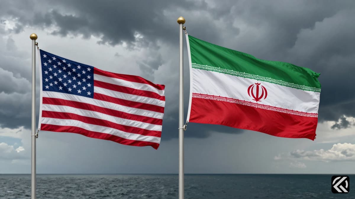 Stormy sky over calm sea with American and Iranian flags at half-mast symbolizing tense geopolitical standoff.