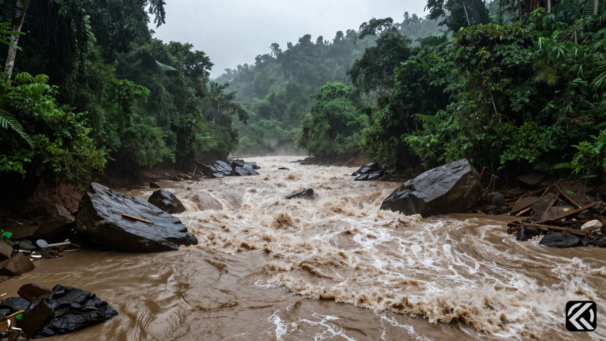 Muddy floodwaters rushing through a forested valley in Kerala after heavy rains.