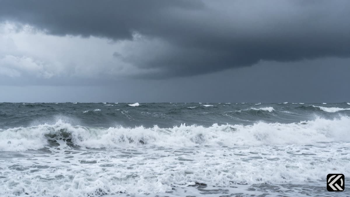 Stormy Japanese coast with high waves during a typhoon, symbolizing Typhoon Dujuan's impact.