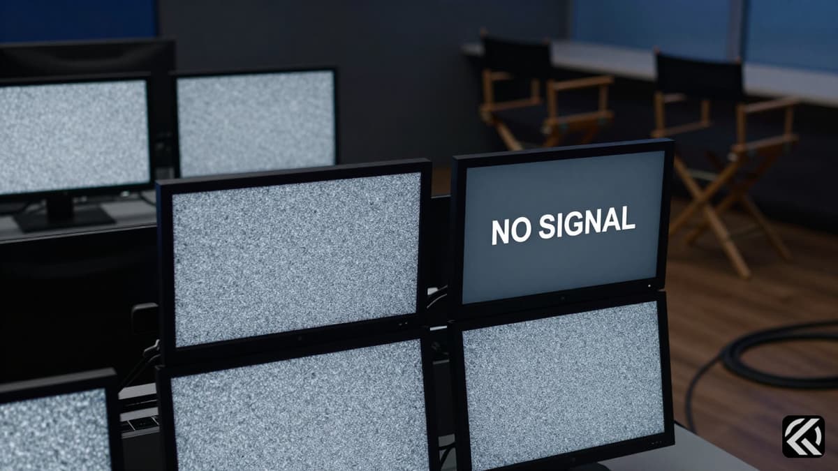 Empty news studio monitors showing no signal after a blackout