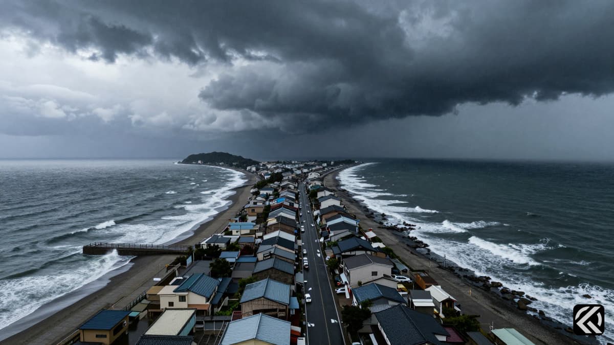 Coastal area under severe storm conditions showing dark clouds and rough seas indicative of a typhoon.