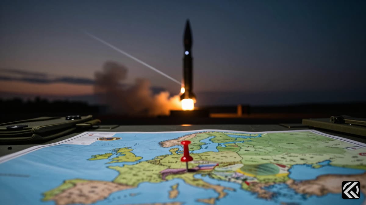 Silhouetted missile launch over Eastern Europe map symbolizing Ukrainian strikes.