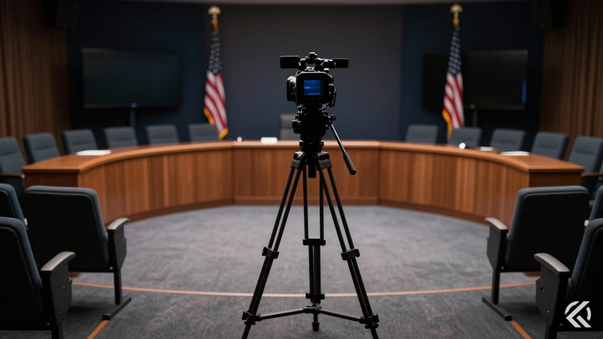An empty press room with a solitary camera tripod symbolizing a media boycott.