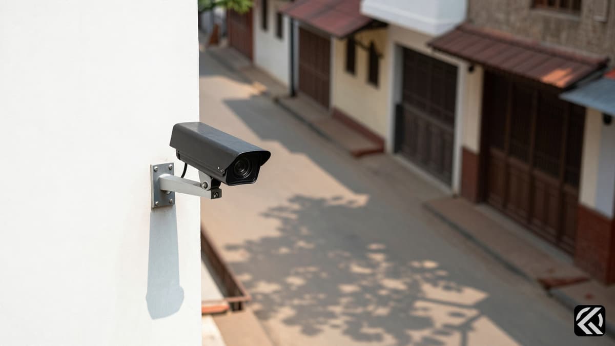 Security camera overlooking an empty residential street in India symbolizing surveillance.