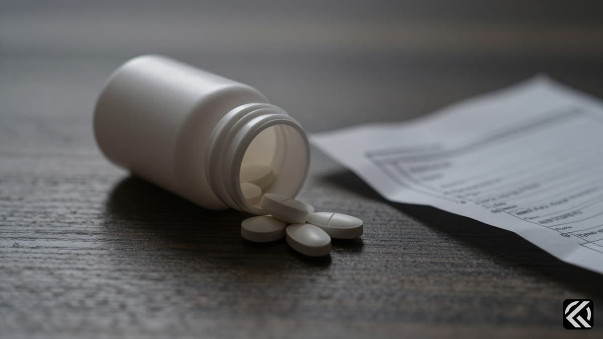 Prescription bottle and notes on dark wood symbolizing medication tragedy.
