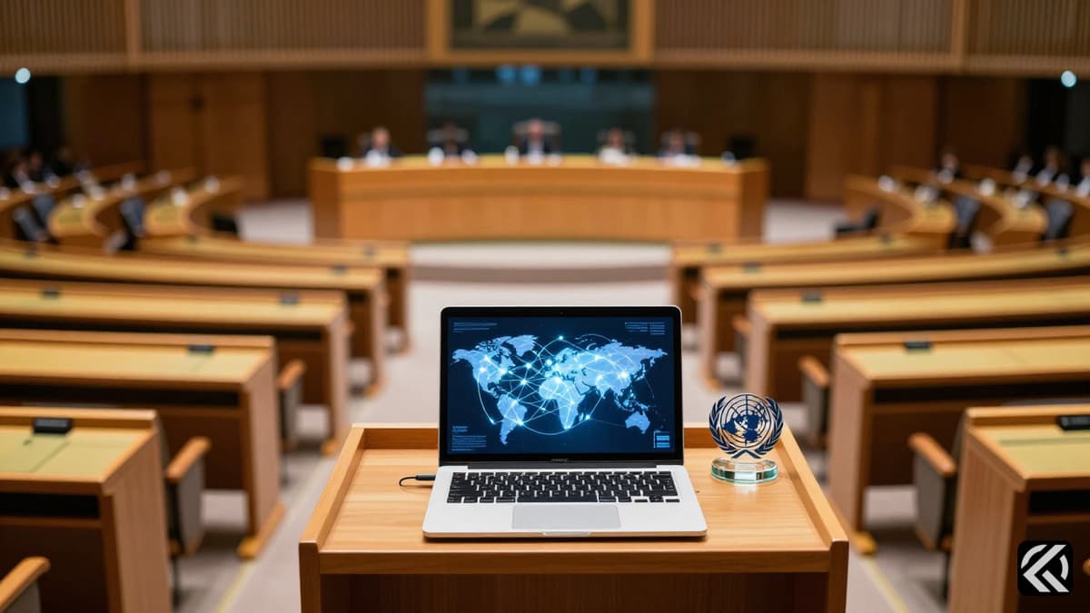 Empty diplomatic podium with laptop showing network diagram and UN model