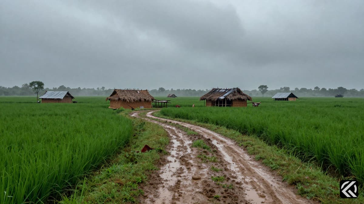 Muddy village track in remote tribal India with sparse huts under rain