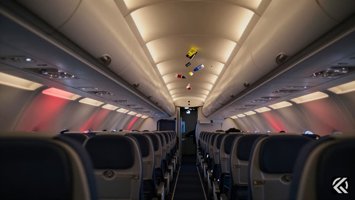 Chaotic airplane cabin during a steep descent with emergency lighting and a slightly open cockpit door