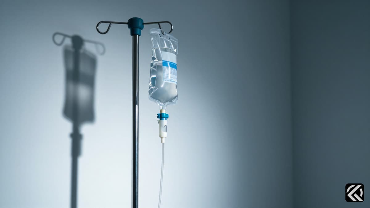 A sterile medical IV pole with tubing in a dim room, symbolizing a critical healthcare situation.