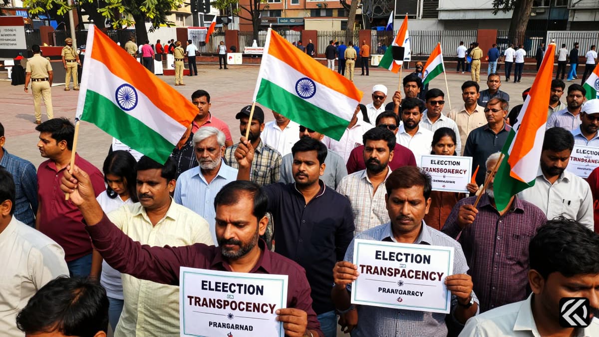 Indian citizens holding flags at a protest demanding electoral reform and accountability.