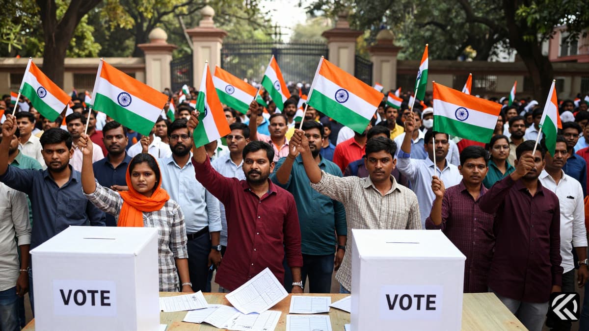 Crowd holding Indian flags at a park protest demanding voting rights transparency.