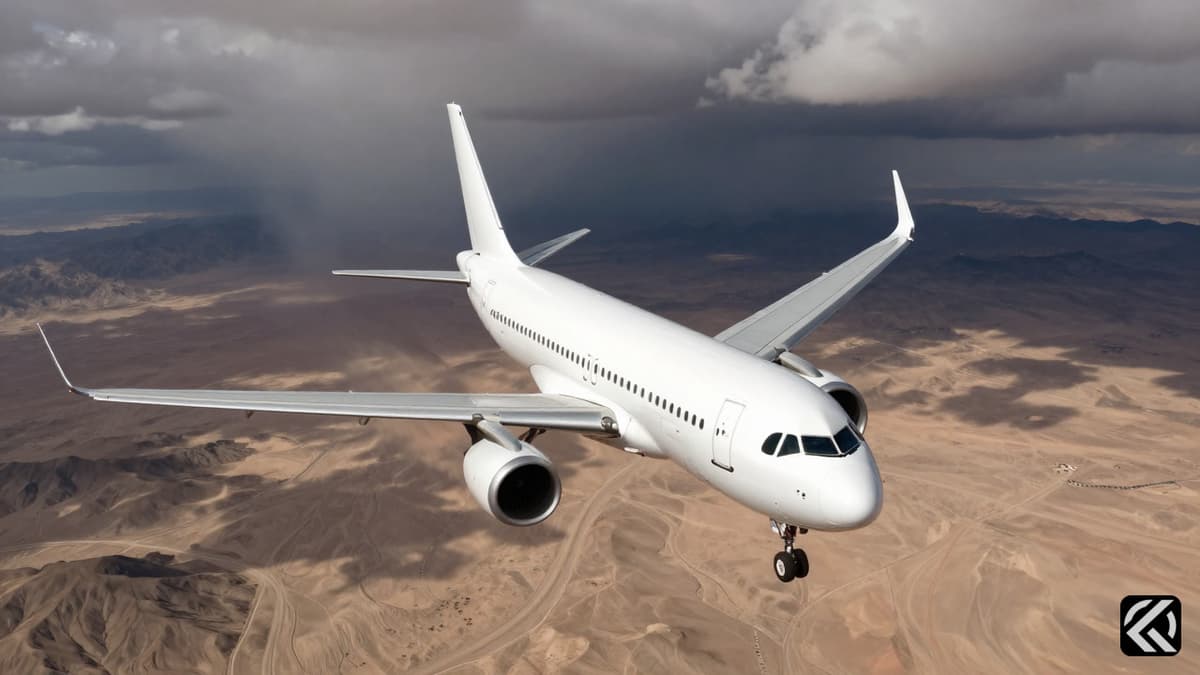 A commercial jet in a steep dive over desert mountains, symbolizing aviation peril and security concerns.