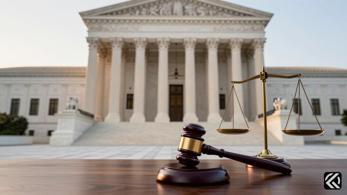 Supreme Court building columns and a gavel symbolizing upcoming high-stakes legal rulings.