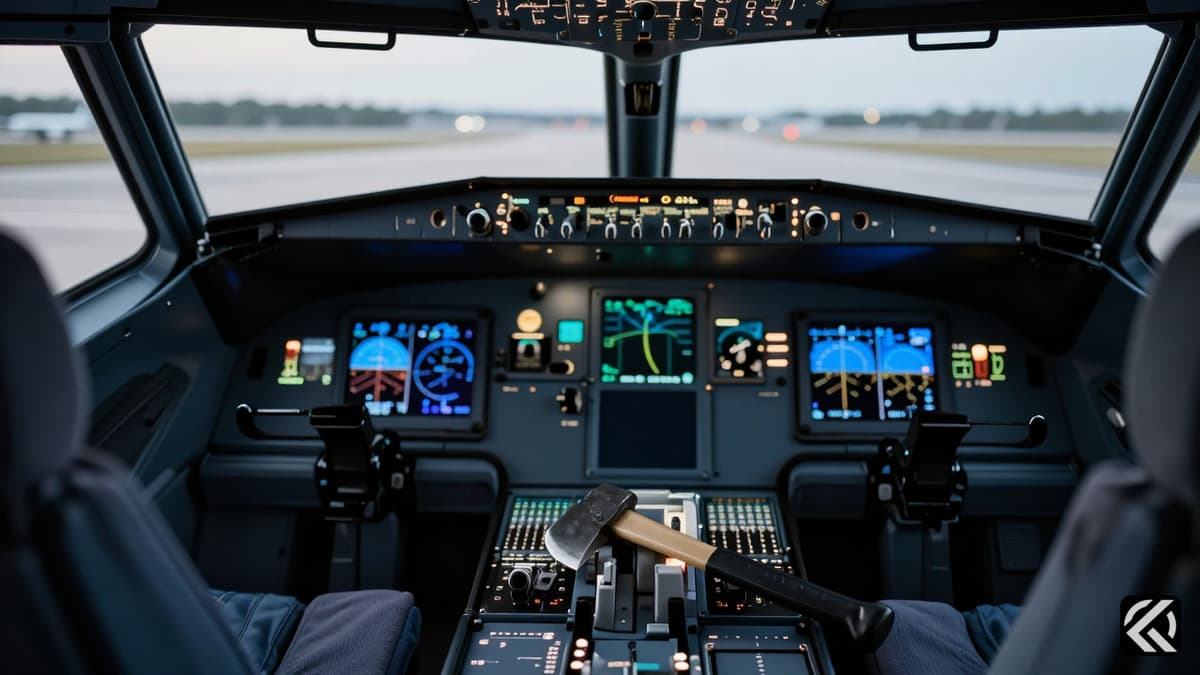 Emergency landing cockpit with crash axe on console