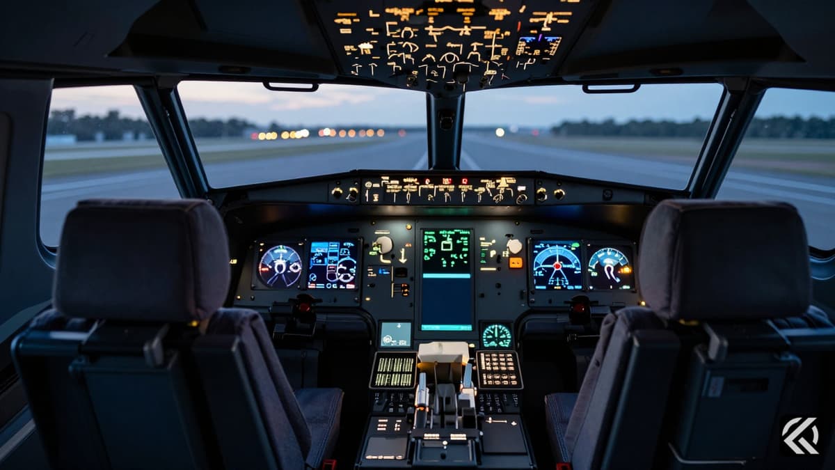 Empty pilot seats in a commercial aircraft cockpit with instrument panels illuminated during evening hours.