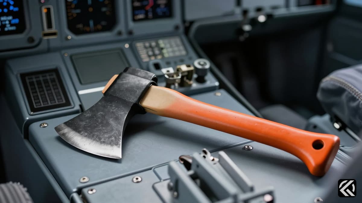 Black aviation crash axe on cockpit floor