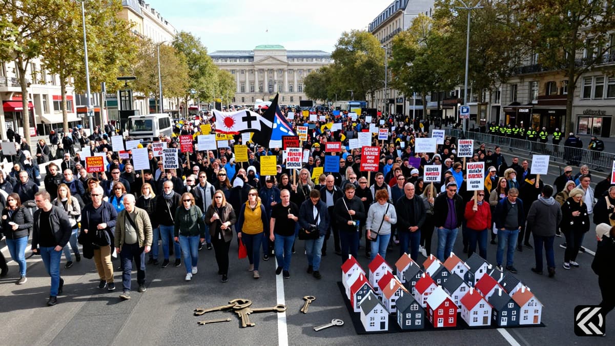 Crowds of protesters in Spain demonstrate for housing rights near government buildings.